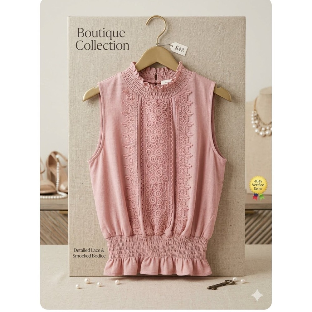 Boutique Pink Smocked Mock Neck Lace Crochet Sleeveless Peplum Blouse Top